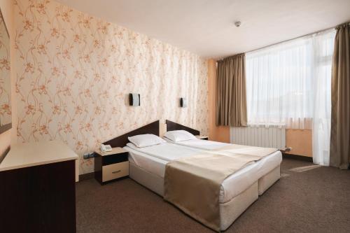 a bedroom with a bed and a large window at Balneocomplex Kamena in Velingrad