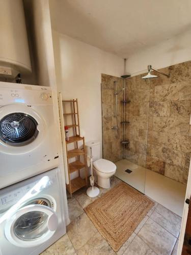 a bathroom with a washing machine and a toilet at Charmant appartement vue mer in Fornells