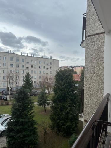 een balkon met bomen en een groot gebouw bij Apartament Zasanie 2 Przemyśl in Przemyśl