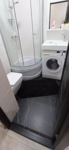 La salle de bains est pourvue d'une douche, de toilettes et d'un lavabo. dans l'établissement ЖД Вокзал и Авто 1 кв Евро, à Dnipro