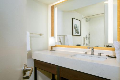 a bathroom with a sink and a large mirror at Sheraton Detroit Metro Airport in Romulus