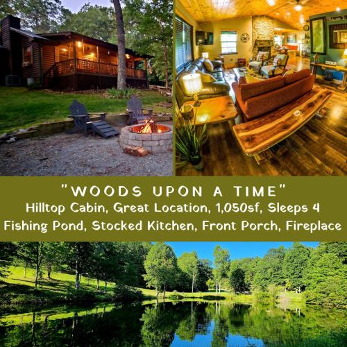 a patio with a fire pit and a house at Woods Upon a Time Remodeled Cabin with Fireplace, Pond View & Firepit - Your Getaway Story Awaits! in Murphy