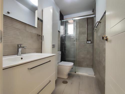 a bathroom with a sink and a toilet and a shower at La casa del mercado in Córdoba