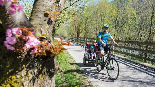 a man riding a bike with a child in a cart at Wohlfühlhotel Mei Auszeit in Plaus