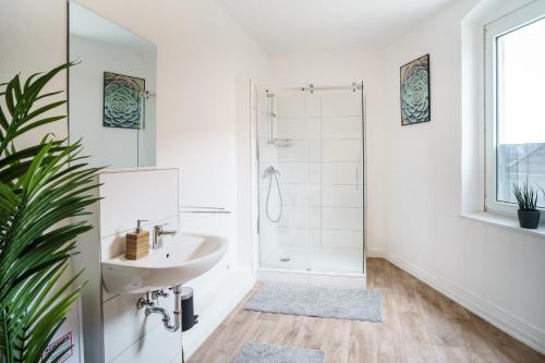 a white bathroom with a sink and a shower at Osnabrücker Strasse Wooon 10 Einzelbetten I 5-Zimmer I TV I Bad NEU I Premiumbettwäsche in Ibbenbüren