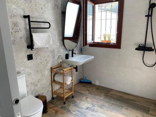 a bathroom with a sink and a toilet and a mirror at B&B Premium in Premia de Dalt