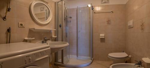 a bathroom with a shower and a sink and a toilet at Casa Davarda in Vigo di Fassa