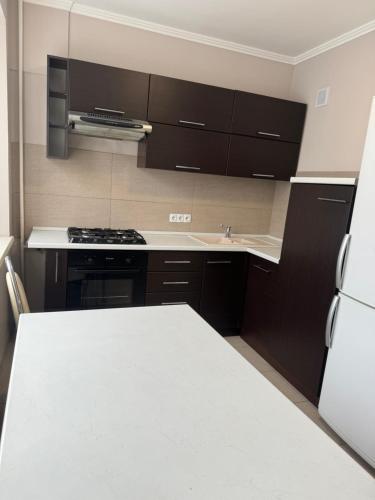 a kitchen with black cabinets and a white counter top at Dostyk in Almaty