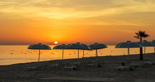 a group of umbrellas on a beach with the sunset at El Mouradi Port El Kantaoui in Port El Kantaoui