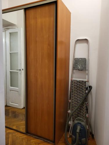 a closet with a ladder next to a wooden door at Agnieszki Room nr 2 in Krakow