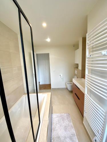 une salle de bain avec baignoire et toilettes dans l'établissement Bel appartement de 77m2 à Boulogne au pied du métro, à Boulogne-Billancourt
