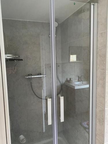 uma casa de banho com um chuveiro e um lavatório. em Haus Heiken em Altemburgo