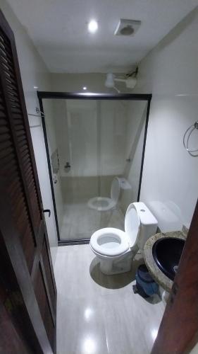 uma casa de banho com um WC e uma cabina de duche em vidro. em Geribali Suítes em Búzios