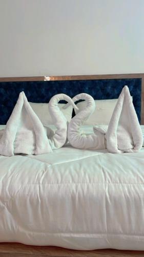 高哈蒂的住宿－SM LODGE and RESTAURANT，一张有两只天鹅的睡床,看起来像摇滚乐