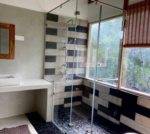 a bathroom with a glass shower with a sink and a window at Wild Ele 243 Wilpattu in Achchamulai