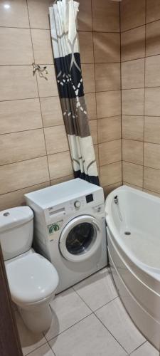 a bathroom with a toilet and a sink and a washing machine at Cute Flat in Kėdainiai