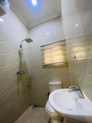 a bathroom with a toilet and a sink at Spacious two bedroom@City center in Kadobunkuro