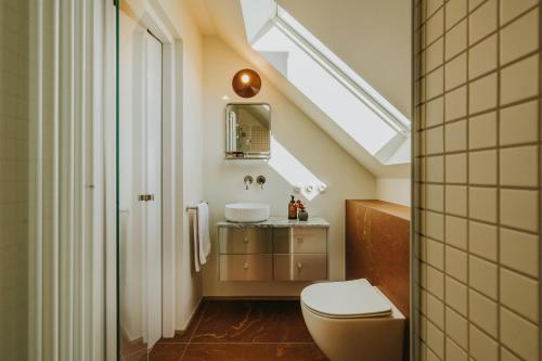 a bathroom with a toilet and a skylight at Plener Istebna in Istebna