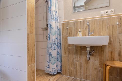 y baño con lavabo y ducha. en 50141 Gretchen´s Hus 1, en Wangerland