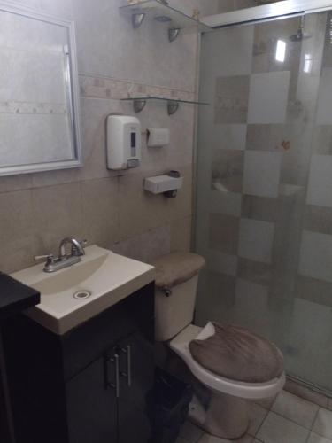 a bathroom with a toilet and a sink and a shower at Departamento jardín de los poetas in Guadalajara