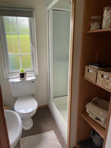 a bathroom with a toilet and a sink and a shower at Luxurious Beach Resort & Golf Club in Hunstanton