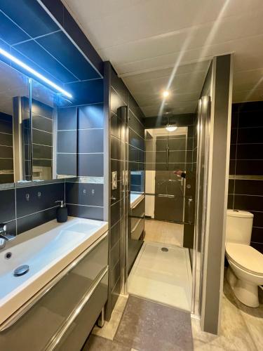 une salle de bain avec baignoire et toilettes dans l'établissement La Casa du Lac, au Bourget-du-Lac