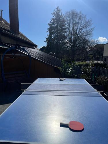a ping pong table with a red paddle on it at La Casa du Lac in Le Bourget-du-Lac