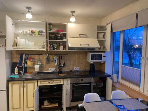 a kitchen with a sink and a counter top at Cozy Family River View Flat Near The Beach Seaside in Rīga