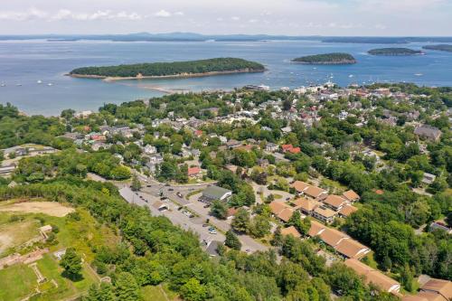 an aerial view of a small town on the water at Seasider Motel in Bar Harbor
