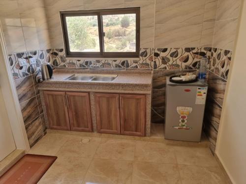 una pequeña cocina con fregadero y nevera. en Hospitality apartments, en Wadi Musa