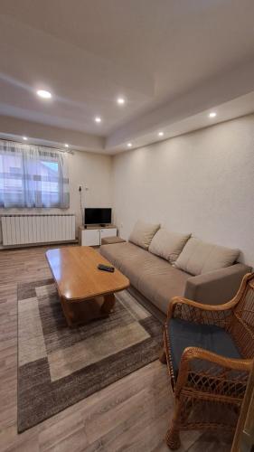 ein Wohnzimmer mit einem Sofa und einem Couchtisch in der Unterkunft Apartman Zirojević in Lukavica