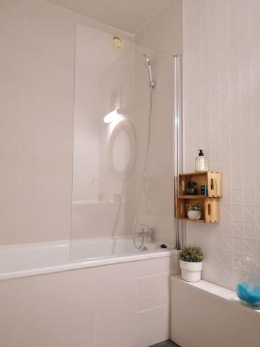 T2 proche du centre ville في تولوز: حمام أبيض مع دش وحوض استحمام