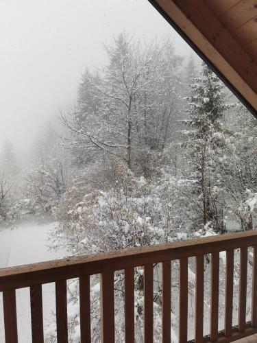 a view of a snow covered yard from a porch at Mansarda Trentino-Campiglio in Ossana