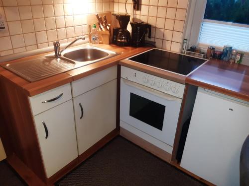 a small kitchen with a sink and a stove at Hüttenzauber in Taxenbach