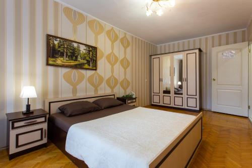 a bedroom with a large bed and a mirror at Botanical garden area in Kharkiv