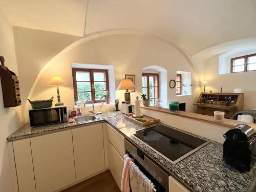 a kitchen with a sink and a counter top at Gästehaus am historischen Hadersdorfer Hauptplatz in Hadersdorf am Kamp