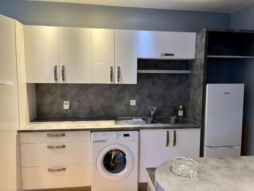 a kitchen with a washing machine and a sink at LE BERCHON classé trois épis in Nay