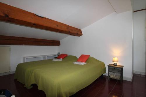 イエールにあるHYEGRASSE Villa pour 6 personnes à 100 mètres de la plage situé sur le Port d'Hyèresの緑色のベッド(赤い枕付)が備わるベッドルーム1室が備わります。