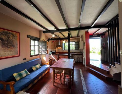 Soña的住宿－Casa Rural El Pozo Tremeo，客厅配有蓝色的沙发和桌子