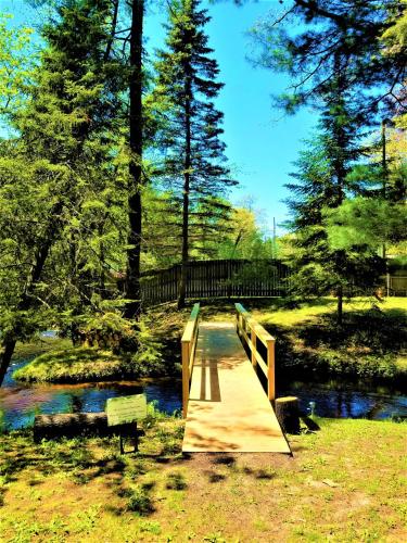 a wooden bridge over a river with a forest at Steps to Beach-Hot Tub-Fireplace-Northern Original in Traverse City