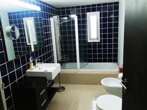 een blauw betegelde badkamer met een wastafel en een toilet bij Alojamento M.A. in São Roque do Pico