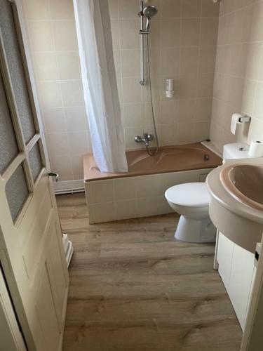 a bathroom with a tub and a toilet and a sink at Gîte:"sur le chemin" in Livinhac-le-Haut
