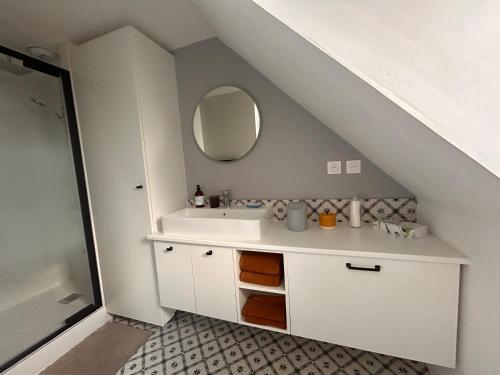 een badkamer met een wastafel en een spiegel bij Rance Solidor in Saint-Malo