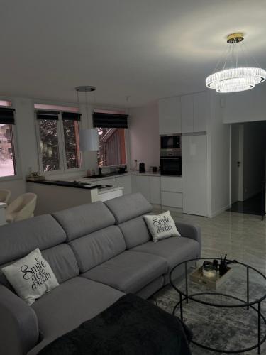 uma sala de estar com um sofá e uma cozinha em Élégance Alpine à Morbier em Morbier