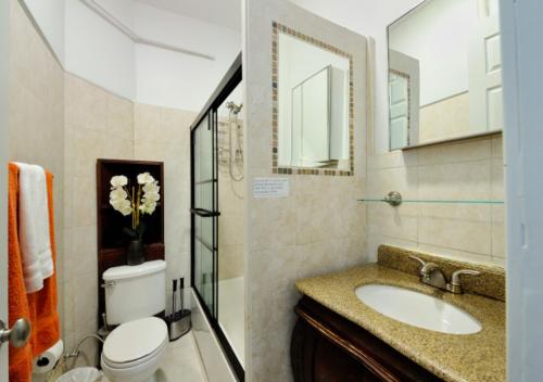 a bathroom with a sink and a toilet and a mirror at Designer Three Bd Apartment In NYC in New York