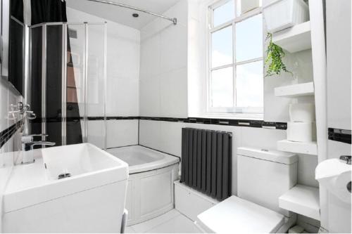 a white bathroom with a toilet and a sink at Stylish 2 bedroom apartment in Shoreditch - London in London