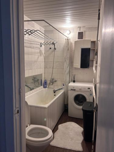 a bathroom with a toilet and a washing machine at Cozy Self Check-in CITY CENTRE apartment in Mažeikiai