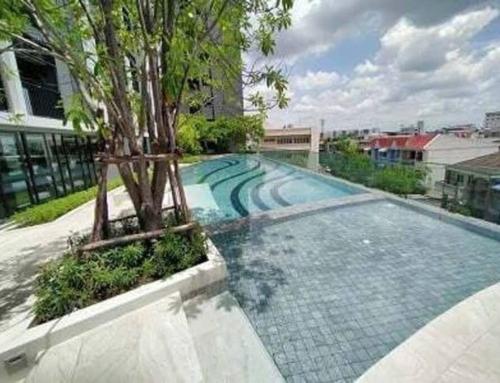 een groot zwembad met een boom in het midden bij The Cozy, 3 min walk to MRT, 2 STN to Royal Palace in Bangkok Yai
