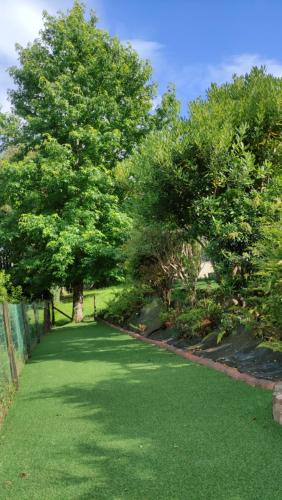 a green lawn with trees in a park at Paraíso Ortegal in Feás