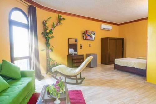 Resort Nubian Cataract في أسوان: غرفة معيشة مع أريكة خضراء وسرير